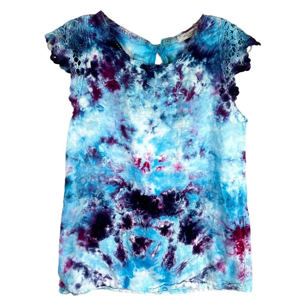 Viola Borghi Medium Top Victory Dance Tie Dye Handmade Blue Linen Lace 1611